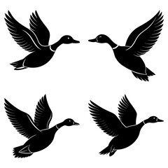 Obraz premium Silhouette illustration of four ducks in flight against a white background in a symmetrical arrangement