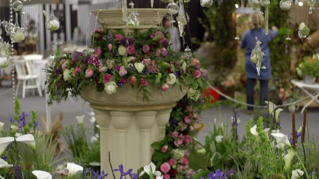A beautiful garden installation is seen in this clip. White Calla Lilies and blue Irises stand out amongst green foliage and other colorful blooms on display in a bright indoor location.