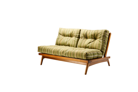 A mid-century modern loveseat with striped cushions and a wooden frame. background removed