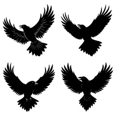 Four black raven silhouettes with spread wings in various flying positions on a white background scene