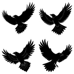 Four black ravens in flight with their wings spread wide creating a dynamic and powerful silhouette effect