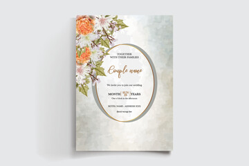 WEDDING INVITATION FRAME WITH FLOWER DECORATIONS AND FRESH LEAVES