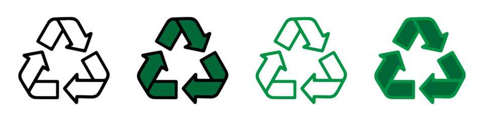 Set of four recycling symbols in different styles and green shades. Outline and filled vector icons with arrows. Environmental protection and sustainability concept. Design for sticker, print, card