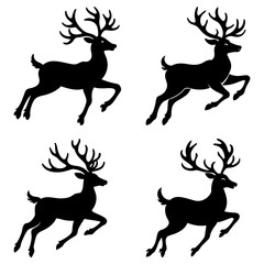 Four black silhouette deer leaping with large antlers in a white background illustration image view