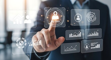 Business professional touches digital interface displaying data analytics and user profile for innovative technology.