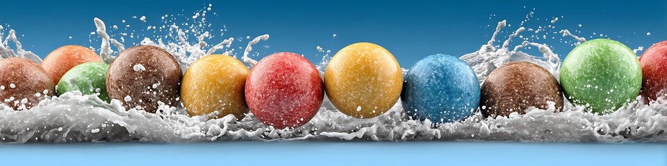 Colorful Cereal Balls Splashing in Milk on a Blue Background