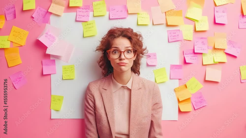 Poster stressed project manager looking surprised at colorful sticky notes and white board hanging on pink 