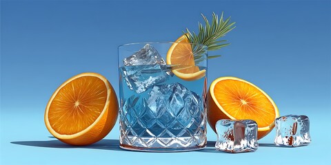 Refreshing Blue Cocktail with Oranges and Ice Cubes
