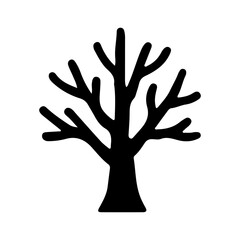 Black silhouette icon of leafless tree with branches. Filled vector illustration. Nature and autumn concept. Design for banner, sticker, print, card, poster, invitation. Flat icon view