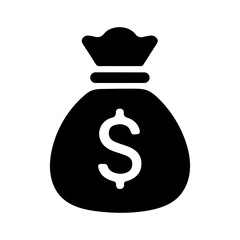 Black silhouette icon of money bag with dollar sign. Filled vector illustration. Finance and savings concept. Design for banner, sticker, print, poster, card, invitation. Flat icon view