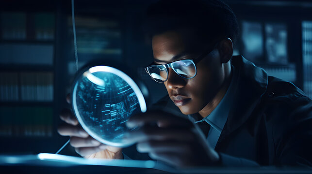 Cybersecurity analyst investigating potential threats using a magnifying glass over a live threat detection screen, highlighting error alerts and phishing attempts.