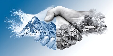 A unique handshake blending nature's power with human ingenuity and community spirit