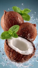 Fresh Coconut Water Splash With Mint Leaves And Water Droplets