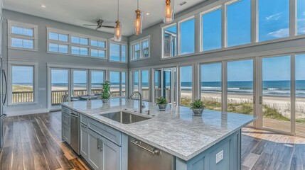 Spacious kitchen with panoramic ocean views.