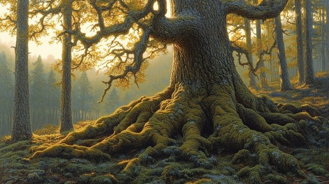 Close-up of an ancient tree trunk with deep, rugged bark, cracks, and moss, bathed in golden light - Powered by Adobe