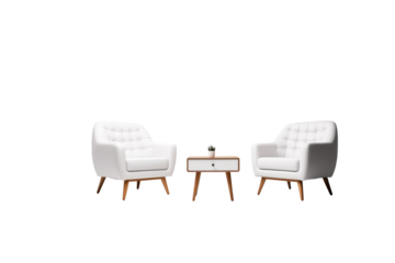 Two white armchairs with wooden legs face each other across a small side table, creating a minimalist waiting room setting. background removed