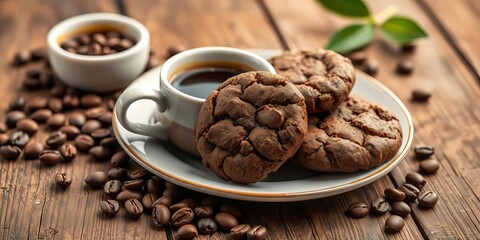 Warm coffee, chocolate cookies, coffee beans on rustic wood, background, energy