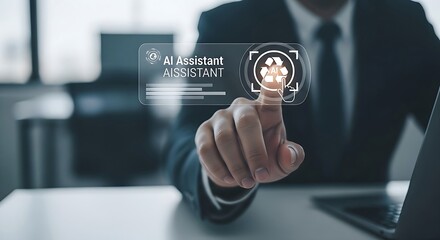 Businessman activates a virtual AI assistant on screen with a touch of his finger using modern technology
