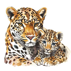 A Mother Leopard With Her Kid, watercolor painting vector, isolated on a white background.