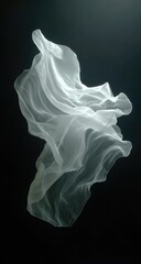 A diaphanous white fabric, sculpted by unseen forces, floats in a dark void, illuminated by a subtle light source