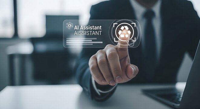Businessman activates a virtual AI assistant on screen with a touch of his finger using modern technology - Powered by Adobe