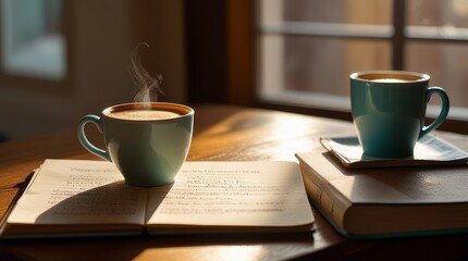 Warm cup of coffee steams next to an open book in the morning sunlight, inviting you to enjoy a moment of reading.