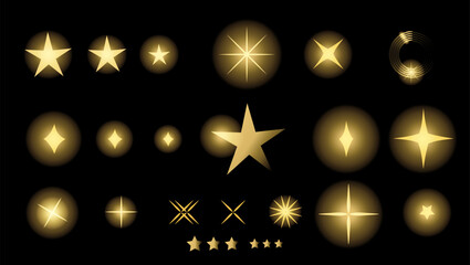 Abstract gold stars rays gradient banner modern design with glow wavy lines, dynamic fluid lights flame elements and shapes icons frames for brochure cover luxury background template vector set