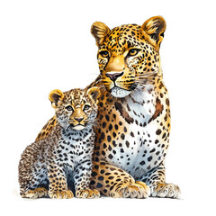 watercolor of A Mother Leopard With Her Kid, vector, isolated on a white background. © AMIDCO