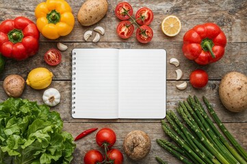 Cooking Preparation with Assorted Vegetables and Blank Book