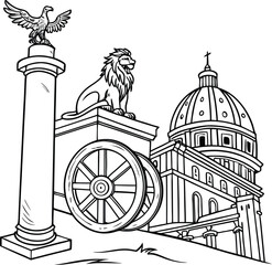 Ancient Greek vector illustration featuring a classical city, temple, and church architecture, evoking the historical landmarks of Europe