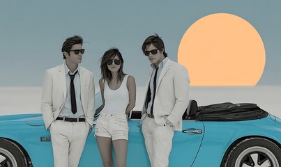 Three stylish young adults dressed in retro white suits stand by a vintage turquoise convertible on a beach with a large orange sun setting over the ocean