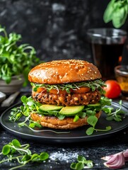 Delicious Vegan Black Bean Burger with Avocado Microgreens Sesame Bun