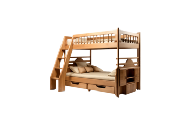 Wooden bunk bed with ladder, drawers, and built-in shelving, perfect for kids' rooms. background removed