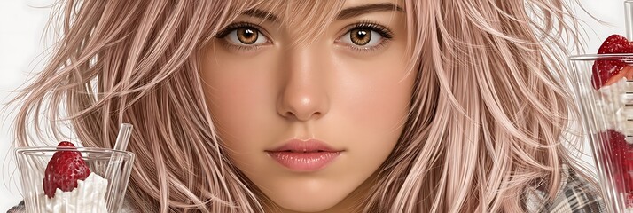 Young Woman with Flowing Hair and Delicate Floral Accents