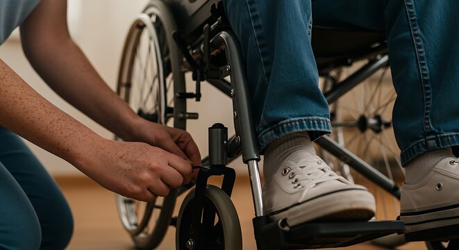 Caring Assistant Helping a Person in a Wheelchair with Footrests