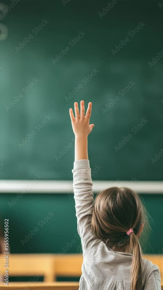 Poster elementary school student raising hand to answer teacher's question during class lesson, showing act
