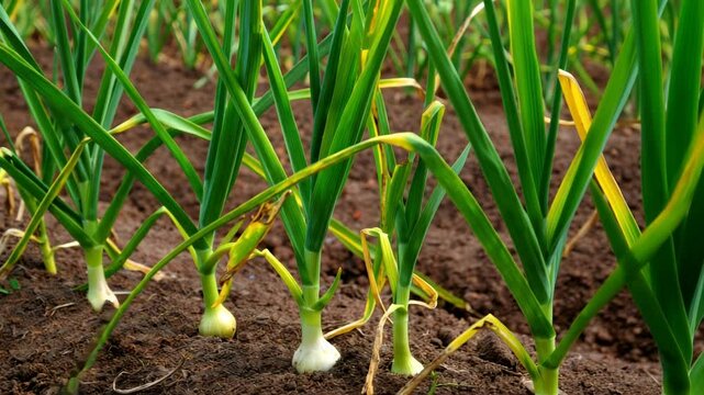 Gardeners are cultivating garlic in a well-prepared soil bed. The green shoots show vitality, promising a flavorful harvest. Sustainable methods enhance local biodiversity and flavor richness