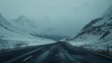 Empty road winds through snowy mountains under a cloudy sky