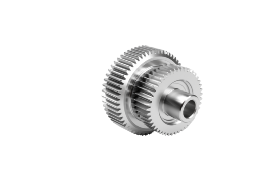 3D render of a metallic gear assembly, showcasing intricate details and precision engineering. background removed