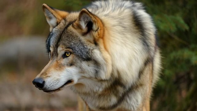 A majestic wolf walks cautiously through a dense forest during early morning. The animal's fur shines in the soft light, revealing vivid patterns and colors