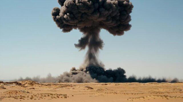 A large explosion occurs in a remote desert area, sending a towering column of smoke into the sky. The blast is part of a scheduled military testing exercise, showcasing explosive capabilities