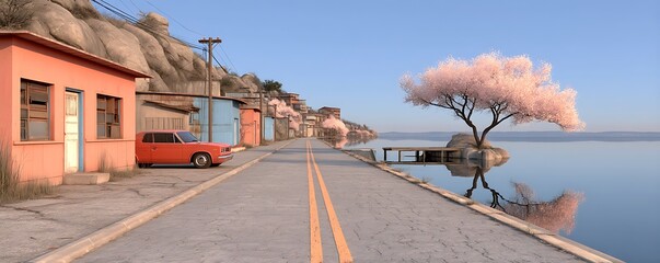 Scenic coastal road with a classic car and a blooming cherry tree by the water