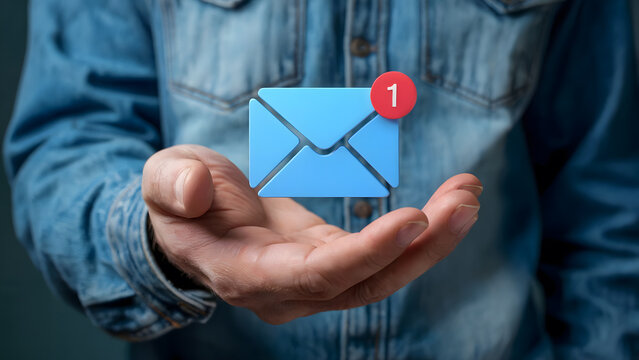 Person holding a blue email envelope with a notification, symbolizing digital communication, inbox management, and the importance of staying connected in the modern digital age.