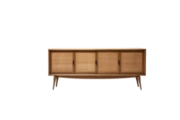 Mid-century modern sideboard with four cane doors and tapered legs. background removed