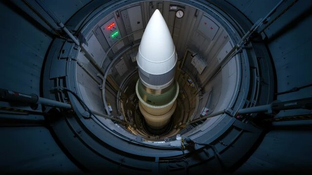 An inside look at a secure underground facility showcasing a missile sitting in its launch position. Dim lighting highlights the technical equipment surrounding it, indicating readiness for operation