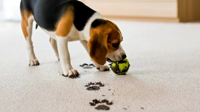 A playful beagle trots across a carpet, leaving behind muddy paw prints from a recently played with dirty ball. The sunlight enhances the lively atmosphere in the room