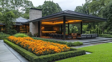 Fototapeta premium Modern outdoor pavilion with landscaping