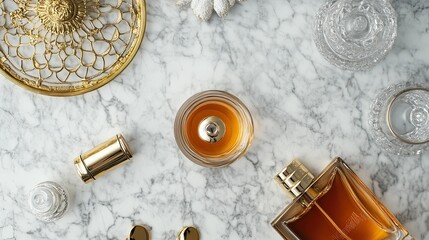 Flat lay of expensive cosmetics and perfume bottles on marble surface with golden accessories, luxury beauty and skincare branding scene 