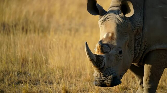 A remarkable encounter with a rhino unfolds in the grasslands of Africa as the sun begins to set, painting the sky in warm tones. Witness the beauty of wildlife in their natural habitat