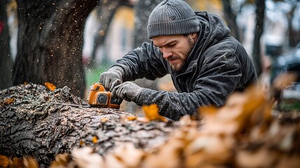 Man using saw on fallen tree. Autumn leaves surround him as he works outdoors